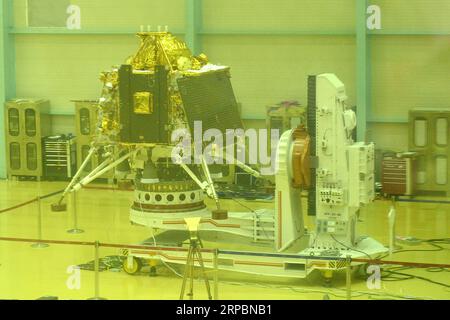 (190613) -- BANGALORE, June 13, 2019 -- Indian Space Research Organisation (ISRO) showcases India s second mission to moon Chandrayaan-2 in Bangalore, India, June 12, 2019. India s second mission to moon Chandrayaan-2 would be launched on July 15, said Indian Space Research Organisation (ISRO) Chairman K Sivan Wednesday. The landing on the moon would be on Sept. 6 or Sept. 7 near the South Pole, Sivan said. The spacecraft, with a mass of 3.8 tons, has three modules - Orbiter, Lander and Rover. Orbiter would have eight payloads, Lander three and Rover two, Sivan said. ) INDIA-BANGALORE-SECOND L Stock Photo