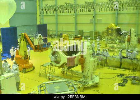 (190613) -- BANGALORE, June 13, 2019 -- Indian Space Research Organisation (ISRO) showcases India s second mission to moon Chandrayaan-2 in Bangalore, India, June 12, 2019. India s second mission to moon Chandrayaan-2 would be launched on July 15, said Indian Space Research Organisation (ISRO) Chairman K Sivan Wednesday. The landing on the moon would be on Sept. 6 or Sept. 7 near the South Pole, Sivan said. The spacecraft, with a mass of 3.8 tons, has three modules - Orbiter, Lander and Rover. Orbiter would have eight payloads, Lander three and Rover two, Sivan said. ) INDIA-BANGALORE-SECOND L Stock Photo