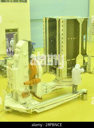(190613) -- BANGALORE, June 13, 2019 -- Indian Space Research Organisation (ISRO) showcases India s second mission to moon Chandrayaan-2 in Bangalore, India, June 12, 2019. India s second mission to moon Chandrayaan-2 would be launched on July 15, said Indian Space Research Organisation (ISRO) Chairman K Sivan Wednesday. The landing on the moon would be on Sept. 6 or Sept. 7 near the South Pole, Sivan said. The spacecraft, with a mass of 3.8 tons, has three modules - Orbiter, Lander and Rover. Orbiter would have eight payloads, Lander three and Rover two, Sivan said. ) INDIA-BANGALORE-SECOND L Stock Photo