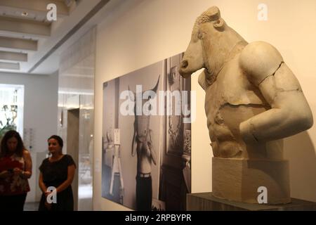 (190619) -- ATHENS, June 19, 2019 -- Visitors are seen at the media preview of Picasso and Antiquity. Line and Clay at the Museum of Cycladic Art in Athens, Greece, June 19, 2019. A rare exhibition about Pablo Picasso and his inspiration from ancient Greek art is to open here at the Museum of Cycladic Art on Thursday. ) TO GO WITH Exhibition at Cycladic museum to explore Picasso s dialogue with ancient Greek art GREECE-ATHENS-MUSEUM OF CYCLADIC ART-PICASSO-EXHIBITION MariosxLolos PUBLICATIONxNOTxINxCHN Stock Photo