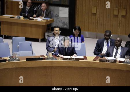 (190620) -- UNITED NATIONS, June 20, 2019 -- Wu Haitao (L, Front), China s deputy permanent representative to the United Nations, addresses a UN Security Council meeting on the situation in the Middle East, at the UN headquarters in New York, on June 20, 2019. Wu Haitao on Thursday called for adherence to the two-state solution in addressing the Palestinian-Israeli conflict. ) UN-SECURITY COUNCIL-MIDDLE EAST-MEETING-CHINA-ENVOY LixMuzi PUBLICATIONxNOTxINxCHN Stock Photo