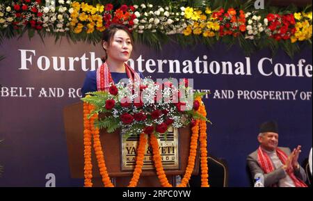 (190620) -- KATHMANDU, June 20, 2019 -- Chinese Ambassador to Nepal Hou Yanqi (L) addresses an international conference titled Belt and Road for development and prosperity of South Asia in Kathmandu, Nepal, on June 20, 2019. Nepal s Minister for Foreign Affairs Pradeep Kumar Gyawali on Thursday said that South Asian countries can take huge advantage from the China-proposed Belt and Road Initiative. ) NEPAL-KATHMANDU-BRI-INTERNATIONAL CONFERENCE SunilxSharma PUBLICATIONxNOTxINxCHN Stock Photo