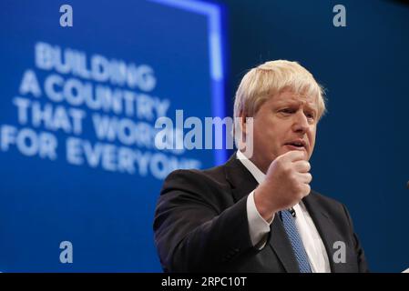 (190620) -- LONDON, June 20, 2019 (Xinhua) -- File photo taken on Oct. 3, 2017 shows then British Foreign Secretary Boris Johnson delivering his keynote speech during the Conservative Party Annual Conference 2017 in Manchester, Britain. Former Foreign Secretary Boris Johnson and his successor as foreign secretary Jeremy Hunt emerged on June 20, 2019 as the two politicians in the final battle to become the UK s next Prime Minister. (Xinhua/Han Yan) BRITAIN-LONDON-BORIS JOHNSON-JEREMY HUNT-FINAL BATTLE-NEXT PM PUBLICATIONxNOTxINxCHN Stock Photo