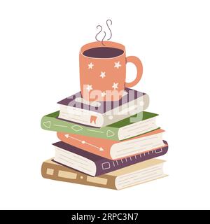 Tea cup standing on stack of books. Heap of paper hardcover books with bookmarks and mug with hot drink. Color Flat cartoon vector illustration isolat Stock Vector