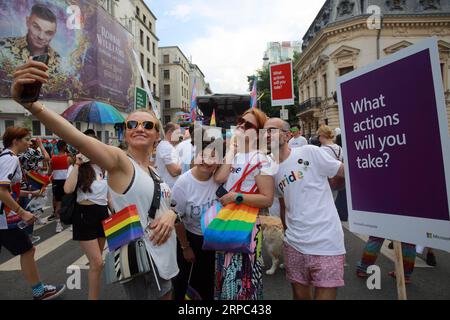 (190622) -- BUCHAREST, June 22, 2019 -- People attend the Pride Parade in downtown Bucharest, capital of Romania, on June 22, 2019. About 10,000 people participated in the annual event on Saturday. ) ROMANIA-BUCHAREST-PRIDE PARADE GabrielxPetrescu PUBLICATIONxNOTxINxCHN Stock Photo