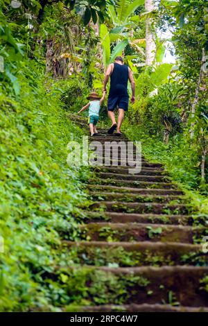 Father and son hiking up steps in jungle, Kintamani, Bali, Indonesia Stock Photo