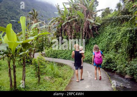 Family hiking in jungle, Kintamani, Bali, Indonesia Stock Photo