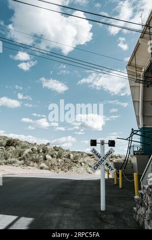 Tramway Crossing sign at Sandia Peak Tramway in New Mexico Stock Photo