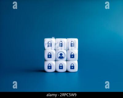 Cybersecurity, personal safety and privacy digital data protection concepts. Person icon surrounded and protected by lock symbol on white cube block, Stock Photo