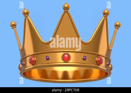 Gold royal king crown with jewelry isolated on blue background. 3d render of concept headdress for king and queen. Monarch jewels or royalty luxury fo Stock Photo