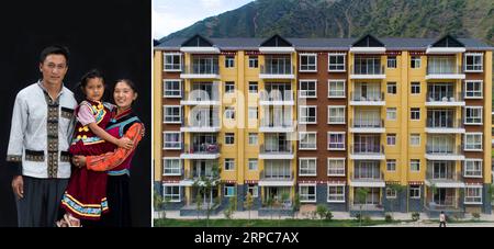 (190626) -- KUNMING, June 26, 2019 -- Combo photo taken on June 24, 2019 shows a family photo of Yang Yuxing (L), Lisu ethnic group (L, photo taken by ), and the building Yang moved in in December of 2018 in Daxingdi Township of Lushui City, southwest China s Yunnan Province (R, photo taken by Hu Chao). Yang s family annual income is about 40,000 yuan (about 5,812 U.S. dollars), depending on planting walnut trees and other crops. Zhiguo minorities are special members of China s 56 ethnic groups. The term Zhiguo refers to minority groups who, before modernization, had lived in relative isolatio Stock Photo