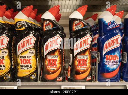 Harpic all-in-One cleaner for the toilet on a shelf in a store. Copenhagen, Denmark - September 2, 2023. Stock Photo