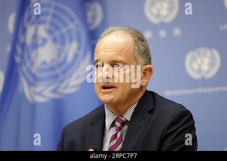 (190626) -- UNITED NATIONS, June 26, 2019 -- UN Secretary-General s Special Representative for South Sudan David Shearer speaks to journalists during a press conference on the situation in Sudan and South Sudan at the UN headquarters in New York, on June 26, 2019. The UN envoy for South Sudan said Wednesday that while the political crisis in Sudan does not have a direct impact on South Sudan s peace process, but concerns remain over its potential influence. ) UN-SUDAN-SOUTH SUDAN-DAVID SHEARER-PRESS CONFERENCE LixMuzi PUBLICATIONxNOTxINxCHN Stock Photo