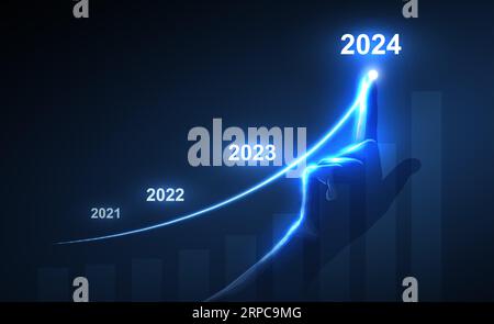 Neon growth 2024 line with polygonal touch hand on blue background. Stock Vector