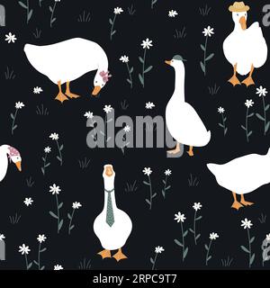 Cute dressed geese seamless pattern. Fashionable goose in a hat, tie, scarf. Funny vector background Stock Vector