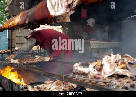(190629) -- TURKU (FINLAND), June 29, 2019 -- Vendors prepare roast pork with ancient recipe in Turku, southwestern Finland, on June 29, 2019. The annual Medieval Market, one of the largest historical events in Finland, is held in Turku from June 27 to June 30. Modern people can enjoy ancient music and dance, historical street plays, traditional food and handicrafts during the event. ) FINLAND-TURKU-MEDIEVAL MARKET ZhangxXuan PUBLICATIONxNOTxINxCHN Stock Photo