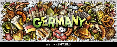 Vector illustration with Germany theme doodles. Vibrant and eye-catching banner design, capturing the essence of German culture and traditions through Stock Vector