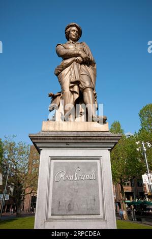 Rembrandt statue (by the flemish sculptor Louis Royer) in Rembrandtplein, Amsterdam, Netherlands Stock Photo