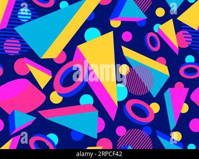 3d geometric seamless pattern in style of the 80s. 3d isometric triangles, squares and circles. Background for promotional products, wrapping paper an Stock Vector