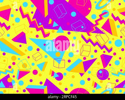 3d geometric seamless pattern in style of the 80s. 3d isometric triangles, squares and circles. Background for promotional products, wrapping paper an Stock Vector
