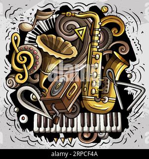 Cartoon vector doodles Classic music illustration. Colorful, detailed, with lots of objects background. All objects separate. Bright colors musical fu Stock Vector