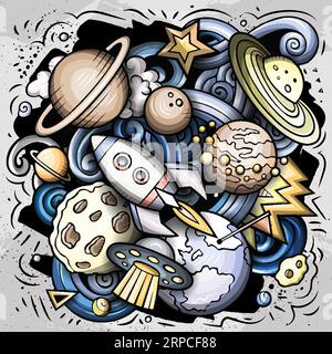 Cartoon vector hand-drawn doodles on the subject of Outer Space illustration feature a variety of Cosmic objects and symbols. The picture has a whimsi Stock Vector