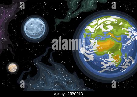 Vector Fantasy Space Chart, astronomical horizontal poster with cartoon design Earth planet and orbiting stone Moon in deep space, decorative futurist Stock Vector