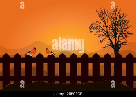 Two little bird sitting on fence. Fence with on orange sunrise  background. Early winter morning in rural. Small bullfinch in dawn countryside. Vector Stock Vector