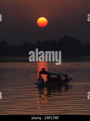 (190704) -- SRINAGAR, July 4, 2019 (Xinhua) -- Photo taken on July 3, 2019 shows a boatman rowing his boat during sunset at Dal Lake in Srinagar city, the summer capital of Indian-controlled Kashmir. (Xinhua/Javed Dar) KASHMIR-SRINAGAR-DAILY LIFE-SUNSET PUBLICATIONxNOTxINxCHN Stock Photo