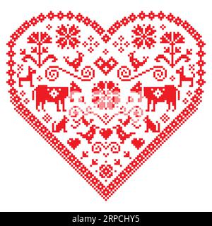 Retro heart cross-stitch vector seamless folk art pattern with flowers, cows, birds and dogs - pixelated ornament inspired German, Austrian and Swiss Stock Vector