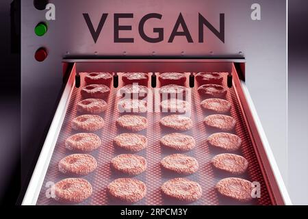 Vegan Meat Factory Production Line with Plant-Based Burger Patties and Leaf Sign Stock Photo