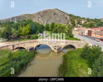 Osma province of Soria, aerial view of the Roman bridge. Spain Stock Photo