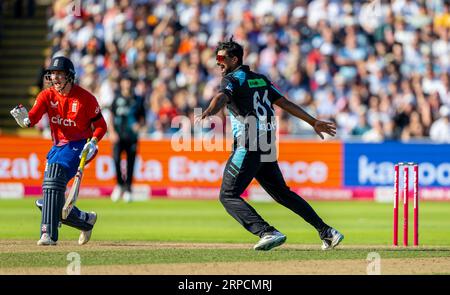 New Zealand's Ish Sodhi appeals unsuccessfully for a wicket, Harry Brook watches on, in the 3rd Vitality IT20 match between England and New Zealand Stock Photo