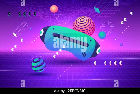 Metaverse concept. VR glasses for gaming with objects floating around on purple background. Virtual reality, future digital technology vector illustration. Futuristic life and modern device Stock Vector