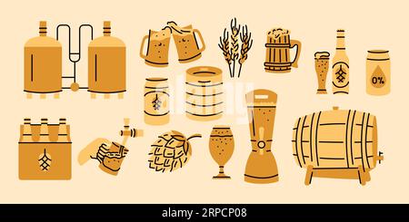 Beer and brewing colorful icons.  Brewery concept. Vector isolated elements. Stock Vector