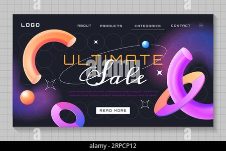 Modern gradient sale banner with color glowing geometric shapes. Trendy landing page template with flying 3d objects different forms. Flyer or poster with design elements and defocus effect backdrop Stock Vector