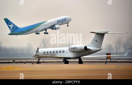 (190711) -- BEIJING, July 11, 2019 -- An airplane heading to Moscow of Russia takes off from the Shijiazhuang Zhengding International Airport in Zhengding, north China s Hebei Province, March 3, 2019. China has seen continuous development in its civil aviation industry both in terms of its safety performance and comprehensive transportation growth, according to the national civil aviation authorities. As of the end of June, China s civil aviation industry has realized 106 months of continuous safe flight operation with total flight hours amounting to 74.4 million, according to the Civil Aviati Stock Photo