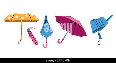 Umbrellas in different poses. Isolated elements. Rain protection. Contemporary trendy vector illustration. Stock Vector