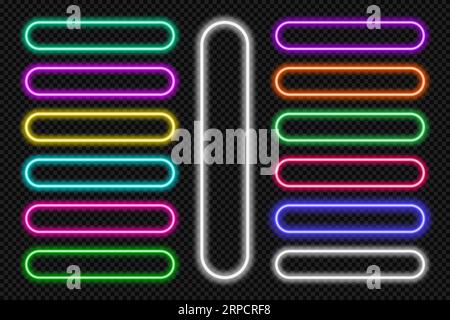 Neon button frames pill set. Glowing coloful rounded rectangle border. Geometric shape action UI elements with copy space. Purple, blue, pink, yellow Stock Vector