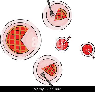 Top view pie and piece of cake from plate with drinks Stock Vector