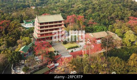 (190712) -- BEIJING, July 12, 2019 -- Aerial photo taken on Feb. 22, 2019 shows the Zhenhai Tower on the Yuexiu Mountain in Guangzhou, capital of south China s Guangdong Province. Located in south China, Guangdong Province faces the South China Sea and borders Hunan and Jiangxi provinces to the north. It boasts the well-known Pearl River Delta, which is composed of three upstream rivers and a large number of islands. Due to the climate, Guangdong is famous for a diversified ecological system and environment. In recent years, by upholding the principle of green development, Guangdong has made r Stock Photo