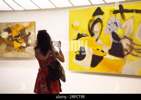 (190713) -- NEW YORK, July 13, 2019 -- A visitor takes photos of the painting Signs and Portents at the Guggenheim Museum in New York, the United States, July 12, 2019. The Solomon R. Guggenheim Museum in New York City, often referred to as The Guggenheim, has been added to UNESCO s World Heritage List. The museum is among eight buildings in the United States that were inscribed on the list under the title of The 20th-Century Architecture of Frank Lloyd Wright. The announcement was made during the 43rd Session of the World Heritage Committee held in Baku, Azerbaijan from June 30 to July 10. ) Stock Photo