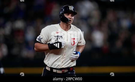 Texas Rangers' Corey Seager rounds the bases after hitting a home run  during a baseball game against the Seattle Mariners, Sunday, June 4, 2023,  in Arlington, Texas. (AP Photo/Tony Gutierrez Stock Photo 