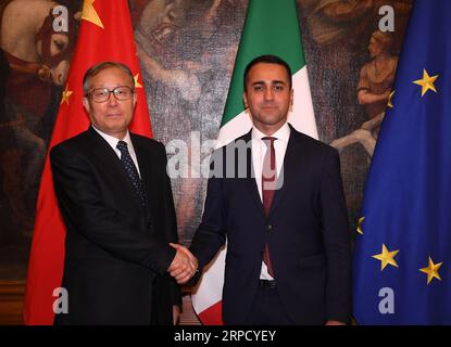 (190716) -- ROME, July 16, 2019 (Xinhua) -- Li Hongzhong (L), a member of the Political Bureau of the Communist Party of China (CPC) Central Committee and Secretary of the CPC Tianjin Municipal Committee, meets with Luigi Di Maio, Italian deputy prime minister and economic development minister, in Rome, Italy, July 15, 2019. A delegation of the CPC headed by Li concluded its four-day visit to Italy at the invitation of Italian government on Tuesday. (Xinhua/Alberto Lingria) ITALY-ROME-CHINA-LI HONGZHONG-CPC-DELEGATION-VISIT PUBLICATIONxNOTxINxCHN Stock Photo