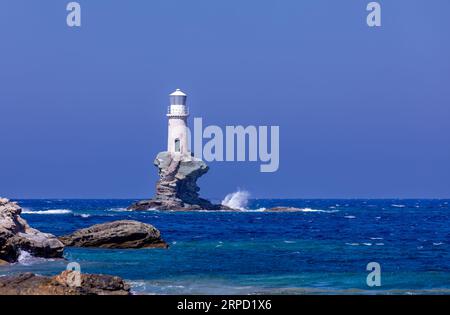 Tourlitis Lighthouse, Andros, Cyclades, Greece Stock Photo