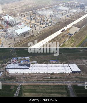 (190723) -- SHANGHAI, July 23, 2019 -- Combo photo shows an aerial view of the Tesla s Shanghai gigafactory which is still being built in east China s Shanghai, April 3, 2019 (above), and the gigafactory on July 23, 2019 (below). The factory will have an annual producing capacity of 500,000 electric cars when completed. ) CHINA-SHANGHAI-TESLA-GIGAFACTORY (CN) DingxTing PUBLICATIONxNOTxINxCHN Stock Photo