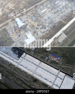 (190723) -- SHANGHAI, July 23, 2019 -- Combo photo shows an aerial view of the Tesla s Shanghai gigafactory which is still being built in east China s Shanghai, April 3, 2019 (above), and the gigafactory on July 23, 2019 (below). The factory will have an annual producing capacity of 500,000 electric cars when completed. ) CHINA-SHANGHAI-TESLA-GIGAFACTORY (CN) DingxTing PUBLICATIONxNOTxINxCHN Stock Photo