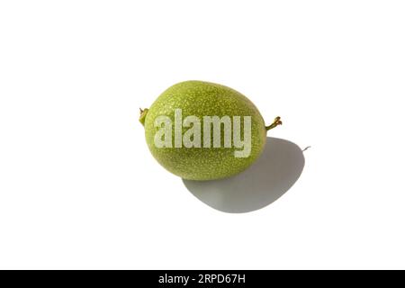 Green outer shells of unripe walnuts, green walnuts, isolated on white background Stock Photo