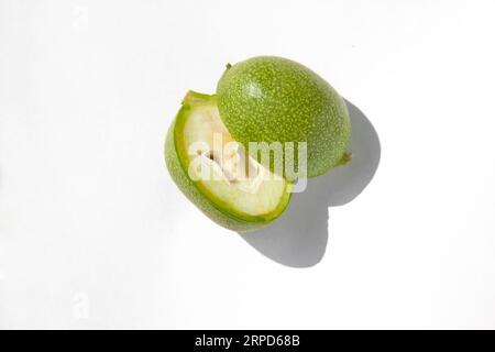 The green outer shells of the unripe walnuts are cut in half, unripe green walnuts Stock Photo