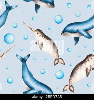 Watercolor seamless pattern with blue whales isolated on white background. Hand painting realistic Arctic and Antarctic ocean mammals. For designers, Stock Photo